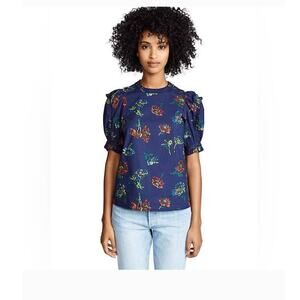 Ulla Johnson Sz 0 Kari Midnight Floral Blouse Crewneck Puff Sleeve Ruffle